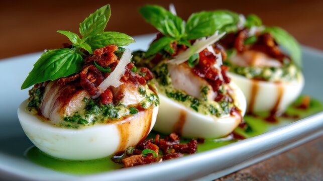 This image showcases gourmet deviled eggs topped with crispy bacon, fresh herbs, and a vibrant sauce, making it an appealing appetizer for any elegant dining occasion.