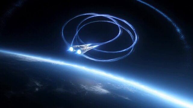 Tracking aerial shot of spaceship looping above earth limb in low orbit over planet