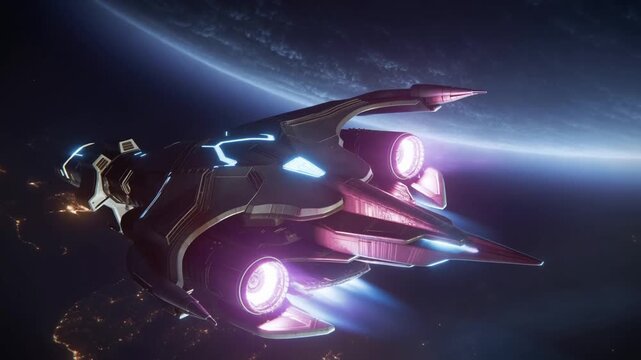 Tracking shot of futuristic spaceship thrusting past illuminated planet horizon in low orbit above city lights