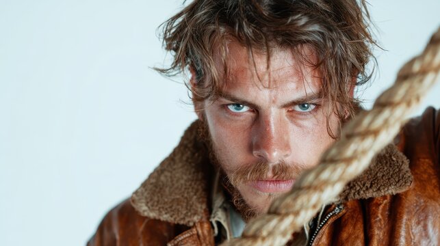 A captivating close-up of a rugged man gripping a rope, his intense gaze and well-defined features suggest strength and determination, emphasizing a battle-ready spirit.