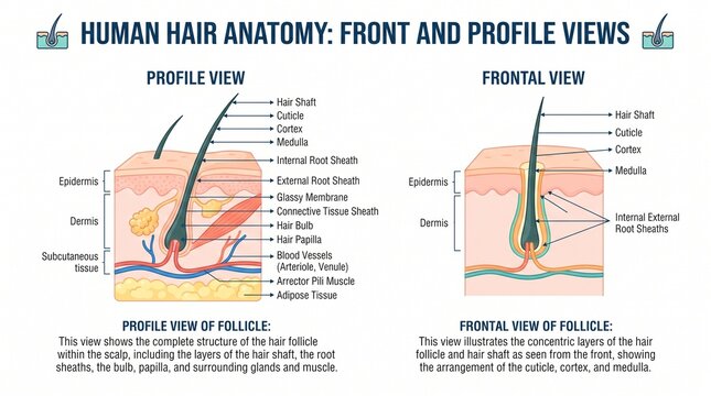 Educational Anatomy Diagram Of Human Hair Structure Showing Front And Profile Views Of Follicles