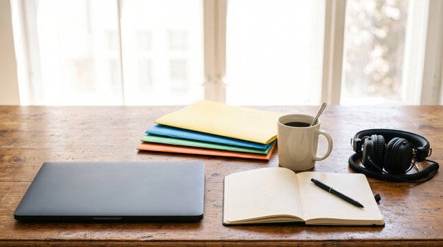 Laptop, notebook and coffee on wooden home office desk