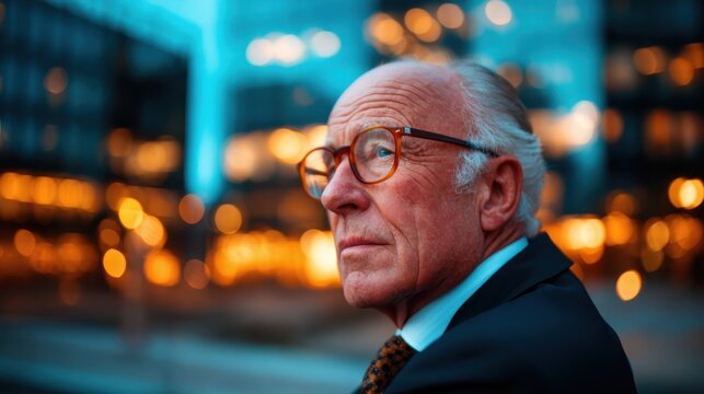 A reflective elderly man with glasses, lost in thought while gazing into the distance, encapsulating wisdom, experience, and a lifetime of stories seeking deeper meanings.