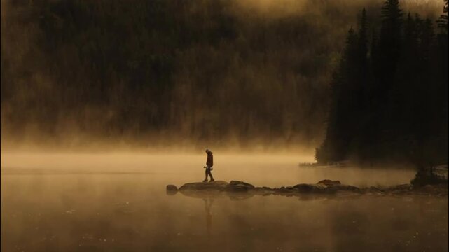 Hiker walking on rocks at the edge of a misty lake at sunrise, golden light over fog-covered water with forest background, outdoor adventure and solitude in nature