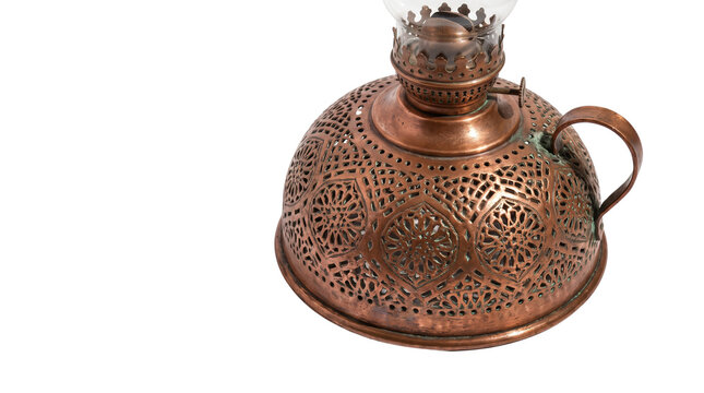 Vintage copper oil lamp with ornate filigree patterns, antique brass lantern base, traditional middle eastern metal lighting fixture isolated PNG with Transparent Background