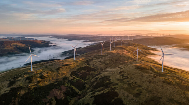 Aerial sunrise view of wind farm on misty rolling hills