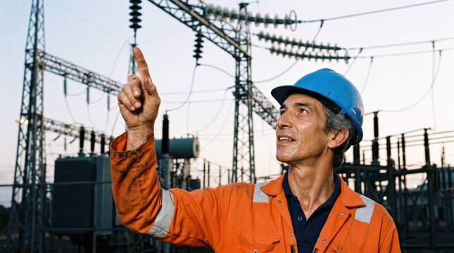Electrical worker inspect overhead ceramic insulator at substation