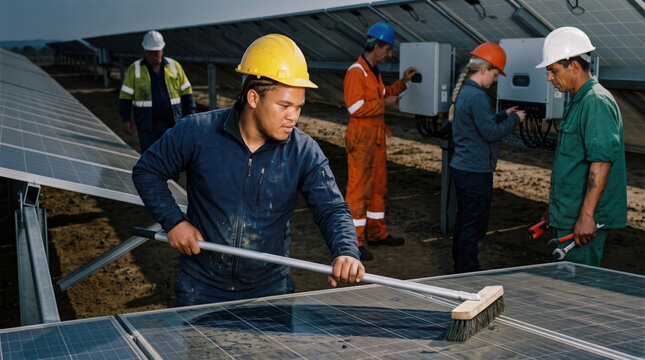 Worker clean solar panel at renewable energy site
