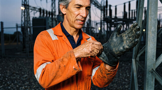 Utility worker wear insulated glove at electrical substation