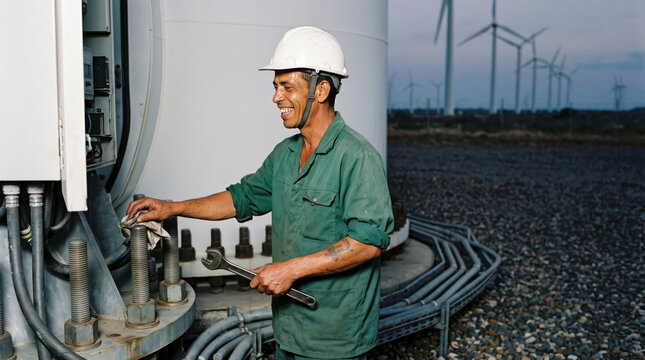 Electrical worker service wind turbine equipment at wind farm