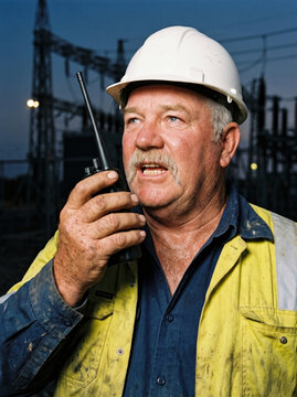 Utility worker use handheld radio at power substation