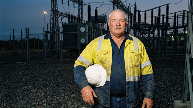 Senior utility worker at electrical substation holding hard hat