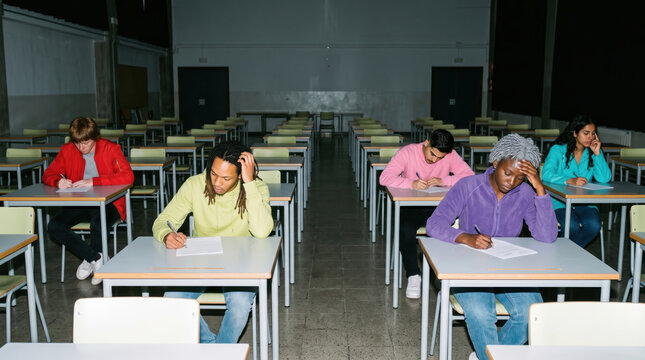 Students taking an exam in a large hall