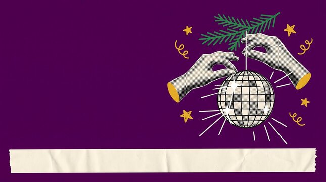 Hands hanging a disco ball ornament on a pine branch against a purple background