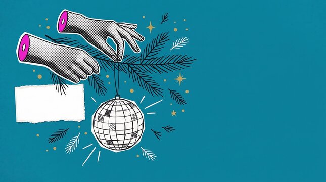 Retro comic style hands hanging a disco ball ornament on a pine branch with copy space