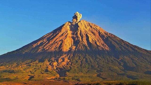 Active Mount Semeru Volcano Eruption with Smoke Ash Plume at Golden Hour Sunset in East Java Indonesia