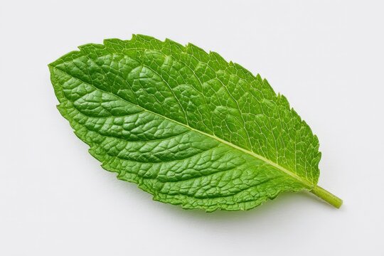 A single, perfect, fresh mint leaf, isolated on a plain white background, studio lighting, no shadows.
