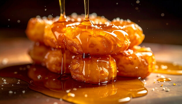 Chak chak fried dough with glossy honey syrup in dark gourmet setting