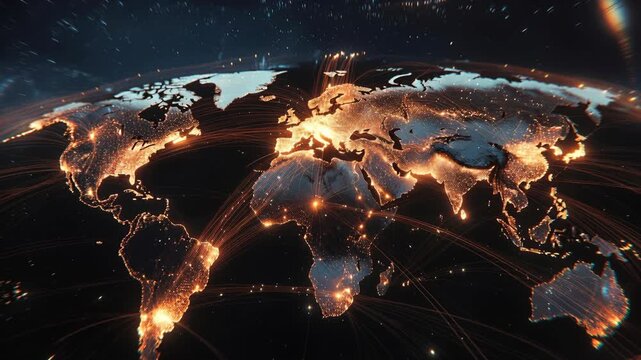 Glowing world map with luminous routes in a cinematic digital style on dark background, symbolizing global connection and trade