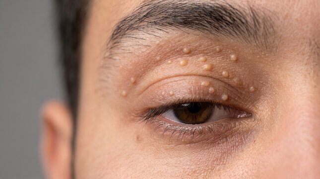 Macro Shot of Milia Cysts and Small White Keratin Papules on Male Eyelid
