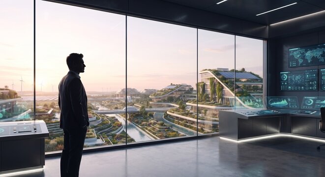 Silhouette of a corporate leader looking at a sustainable eco-industrial park from a modern biotechnology control center