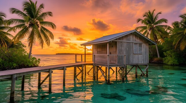 A beautiful wooden bungalow on stilts over tropical turquoise water at sunset.