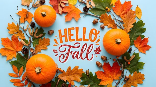 Autumn wreath frame with pumpkins, fall leaves, pine cones, and acorns on a light blue background, hello fall text in the center
