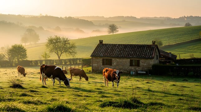 Cows grazing in a misty green pasture near an old stone farmhouse at sunrise.