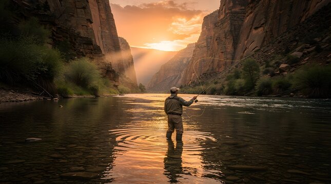 Fly fisherman casting his line in a beautiful river canyon during a golden sunset.