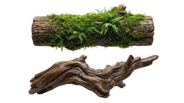 Natural driftwood and mossy log isolated on transparent background