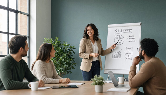 Businesswoman presenting q2 strategy on whiteboard to colleagues in modern office meeting