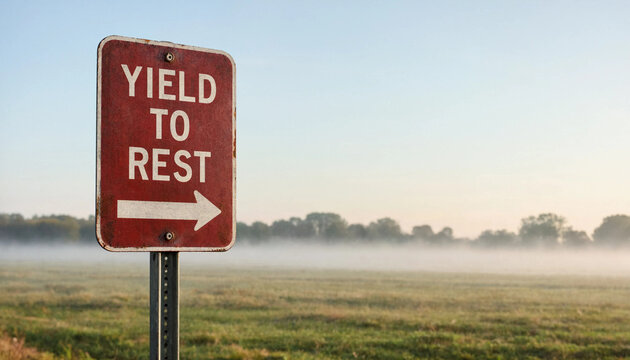 Yield to rest sign pointing right in misty rural field at sunrise with concept of rest and renewal