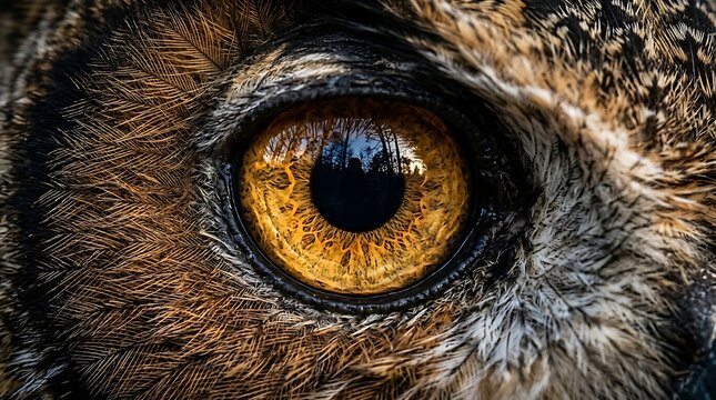 Extreme close up of a sharp owl eye with detailed feathers and golden iris