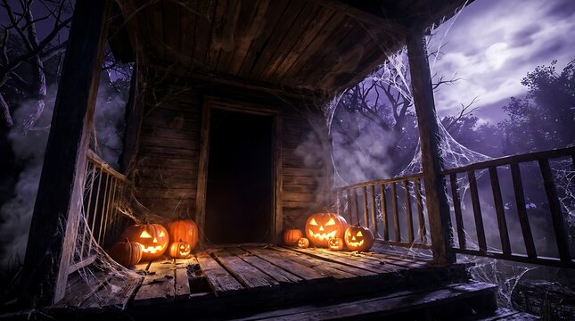Glowing jack o lanterns sit upon the weathered wooden porch of an abandoned haunted house filled with thick mysterious fog and eerie hanging spider silk webs