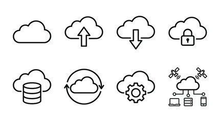 Obraz premium Cloud storage icons with upload download and security features silhouette