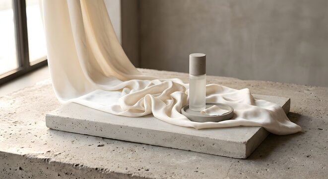 Minimalist Cosmetic Bottle on a Grey Stone Podium Draped with Pure White Fabric