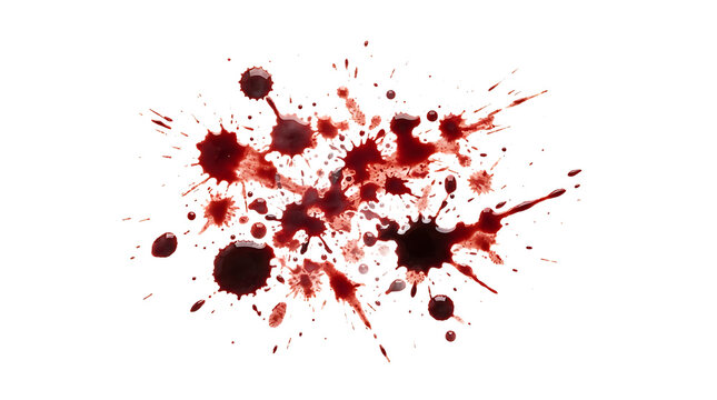 A collection of dark red splatters and droplets scattered on a white background, creating a messy, organic, and dramatic visual effect