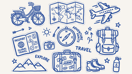 A set of travel themed hand drawn stickers featuring a bicycle, airplane, map, compass, backpack, suitcase, passport, and mountain © MohammadJahangir