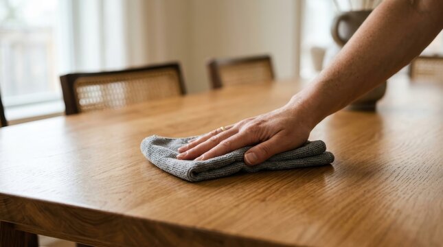 Woman cleaning and wiping wooden dining table with a microfiber cloth