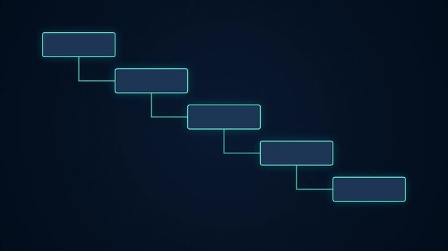 Neon cyan rectangular boxes sequentially animate and connect via thin glowing lines, forming a descending step-by-step flowchart or hierarchical structure against a dark blue background.