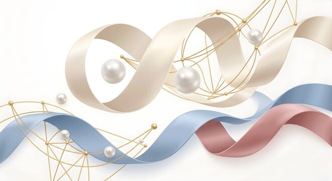 Colorful Abstract Vector Ribbons and Pearls Flowing in Soft Pastel Waves