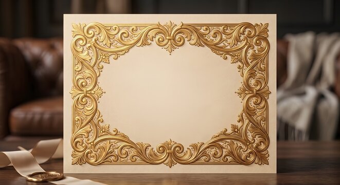Ornate Golden Vintage Decorative Frame Card Resting on a Dark Table Surface