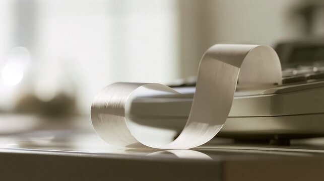 A length of blank paper tape curling from a desk calculator on a counter in soft natural light