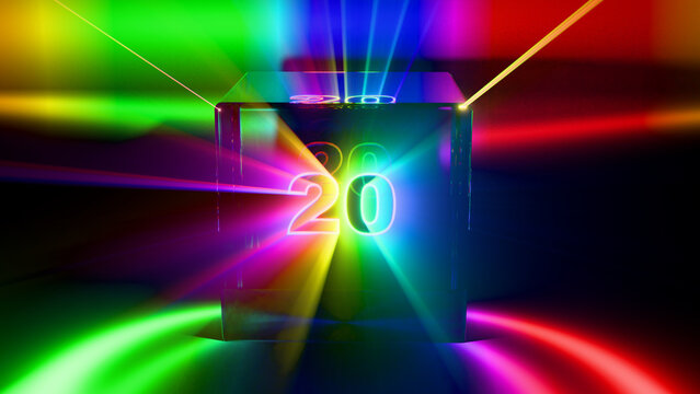 Glowing Number Twenty in Glass Cube with Rainbow Prism Light