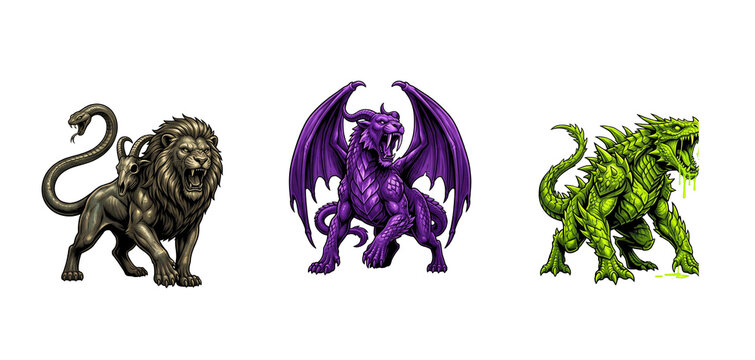 legendry creatures fantasy stories monsters myths Chimera Hybrid Mythological hybrid beast set of three roaring chimeras in dark gothic bronze toxic neon lime and royal amethyst purple