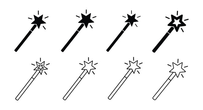 Eight magic wands with starburst tips are displayed as a black silhouette