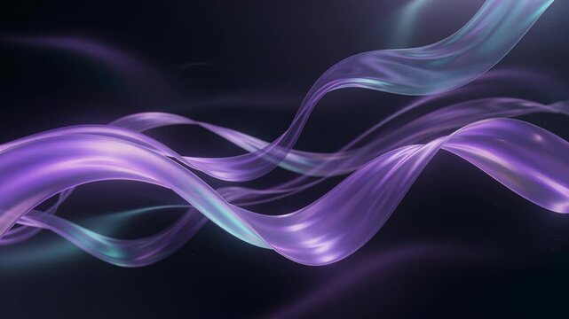Flowing purple and cyan ribbons create an abstract wave pattern on a dark background, suggesting motion, energy, and technology