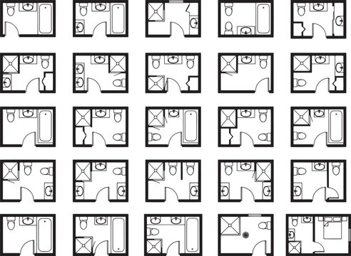 A grid of 25 bathroom layout floor plans, showcasing various configurations and fixture placements for optimal space utilization.
