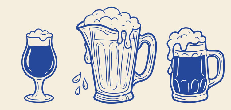 Blue sketch vector illustration of beer glass, pitcher, and mug with foam