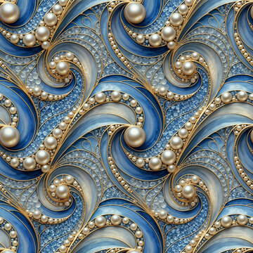 Luxury Blue Swirl Pattern with Pearls, Gold Filigree and Mosaic Texture